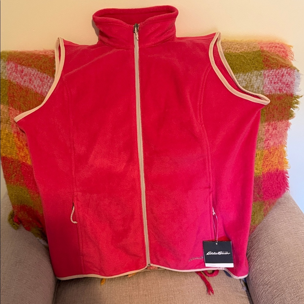 NWT Eddie Bauer Bright Pink Fleece Zip Vest with Cream Trim